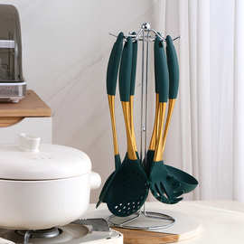 金色不锈钢硅胶锅铲汤勺6件套硅胶铲耐高温硅胶厨具套装现货批发