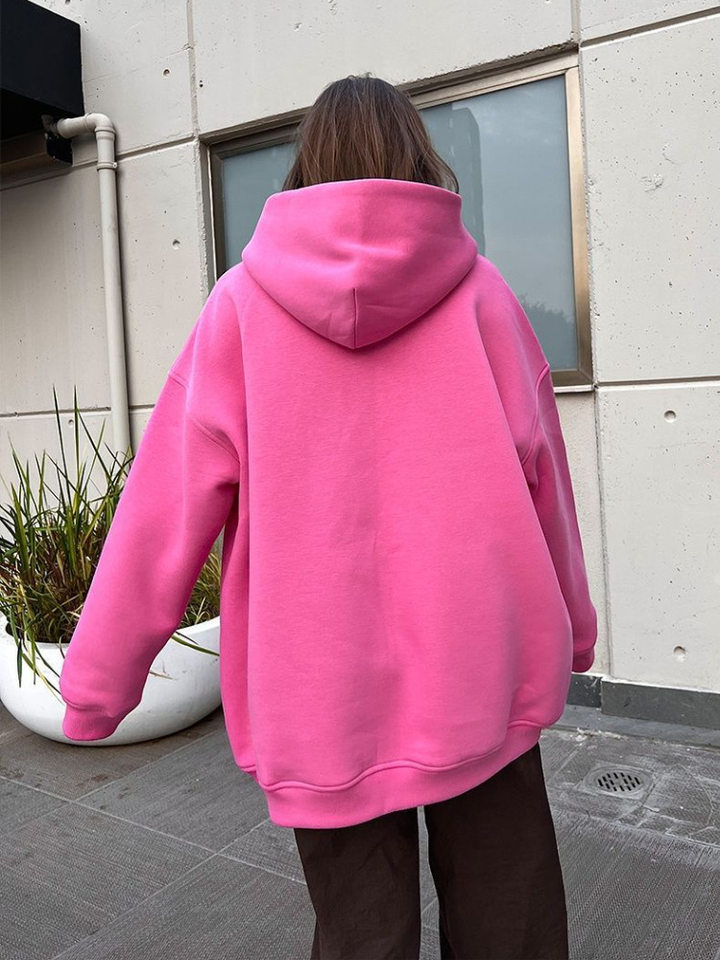 Áo hoodie nỉ lông dáng rộng có mũ và túi, tay dài, dáng unisex — Màu cà phê, Màu hồng, Màu xám, Màu đen chi tiết 30