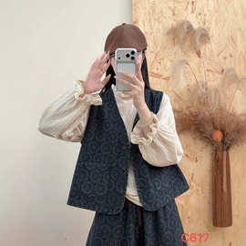 秋季新品 日系小清新宽松v领印花宽松百搭牛仔无袖马甲背心女装