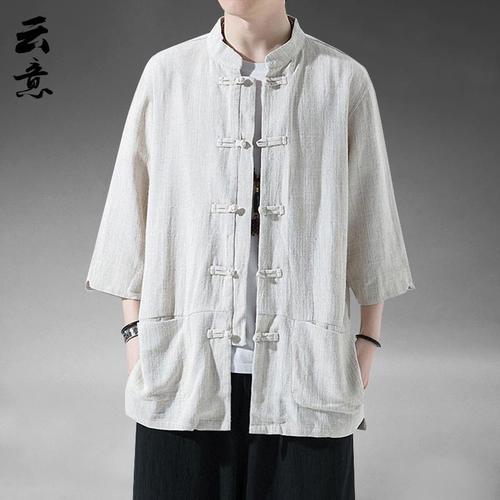 Summer Chinese Style Linen Short-Sleeve Tangzhuang Men Retro Five-Sleeve Hanfu Cotton-Linen Layman's Wear Plus Size Half-Sleeve Tea Dress