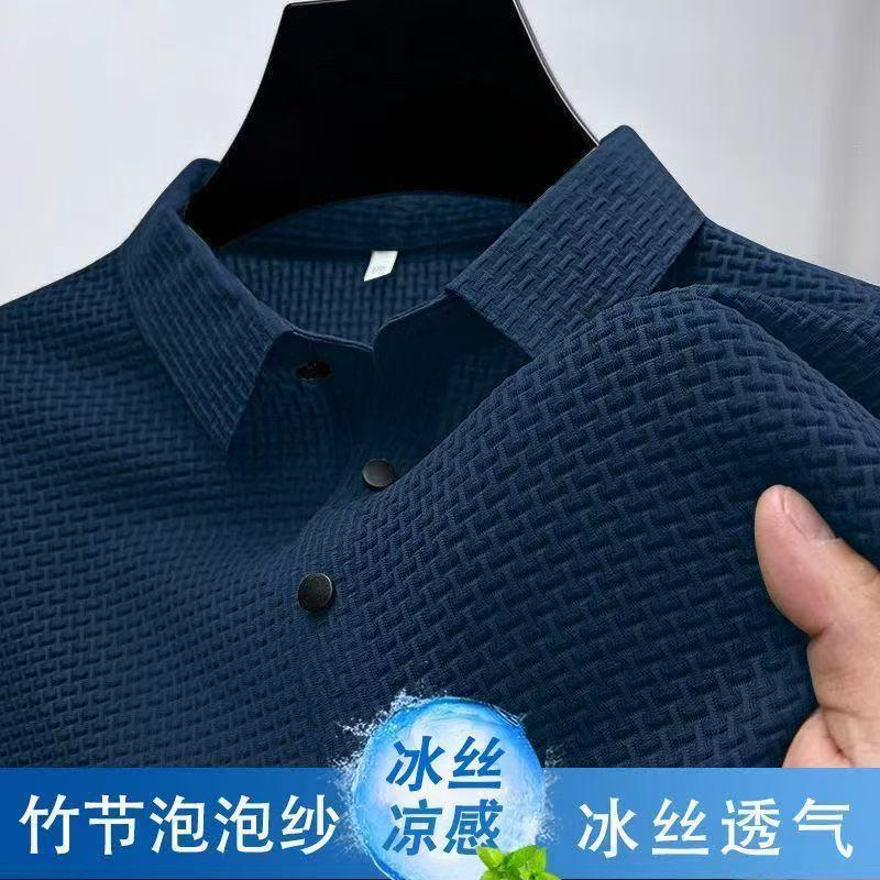 2025 nueva camiseta de manga corta de seda de hielo para hombres, solapa de verano, camiseta casual, de alta gama, media manga transpirable con sensación de hielo