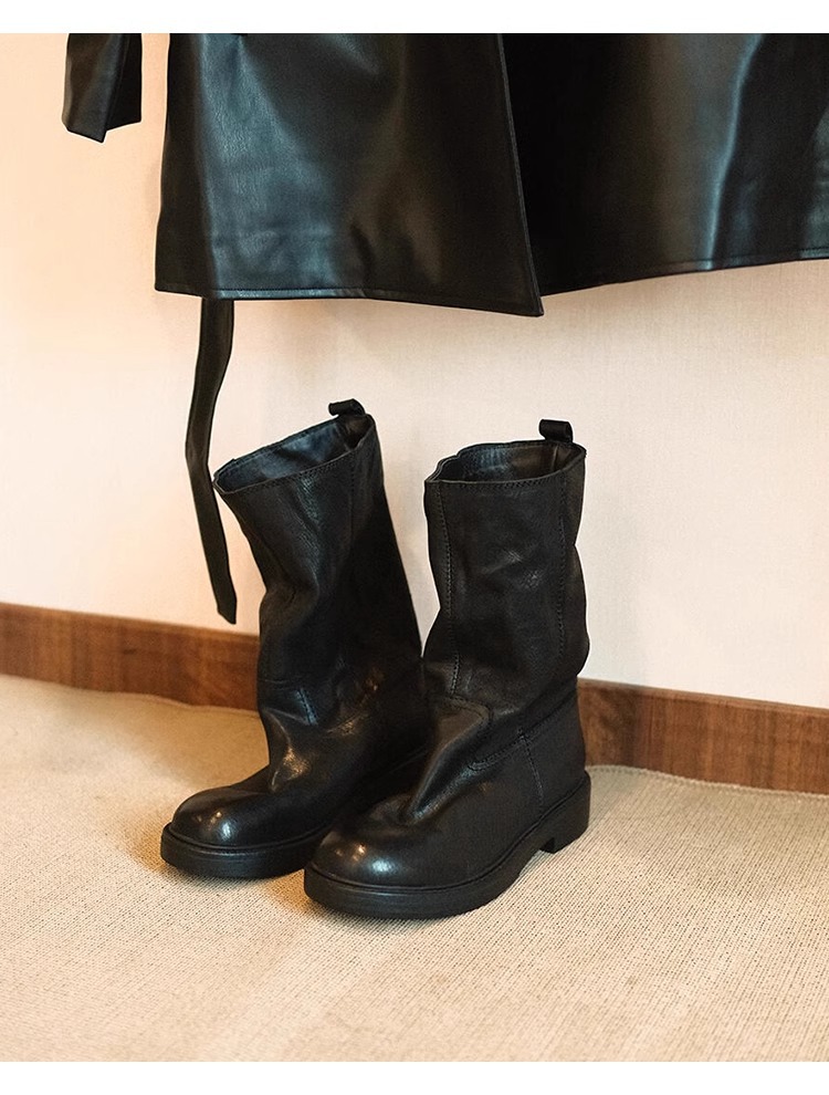 Oryginalne skórzane czarne buty damskie z okrągłym noskiem i marszczeniami do połowy łydki, brytyjskie, codzienne buty do jazdy konnej, krótkie buty, nowości na jesień/zimę 2025_voghion.com