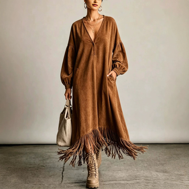 New in stock European and American cross-border faux suede fringed deep V-neck solid color elegant loose fashion dress for going out New in stock European and American cross-border faux suede fringed deep V-neck solid color elegant loose fashion dress for going out