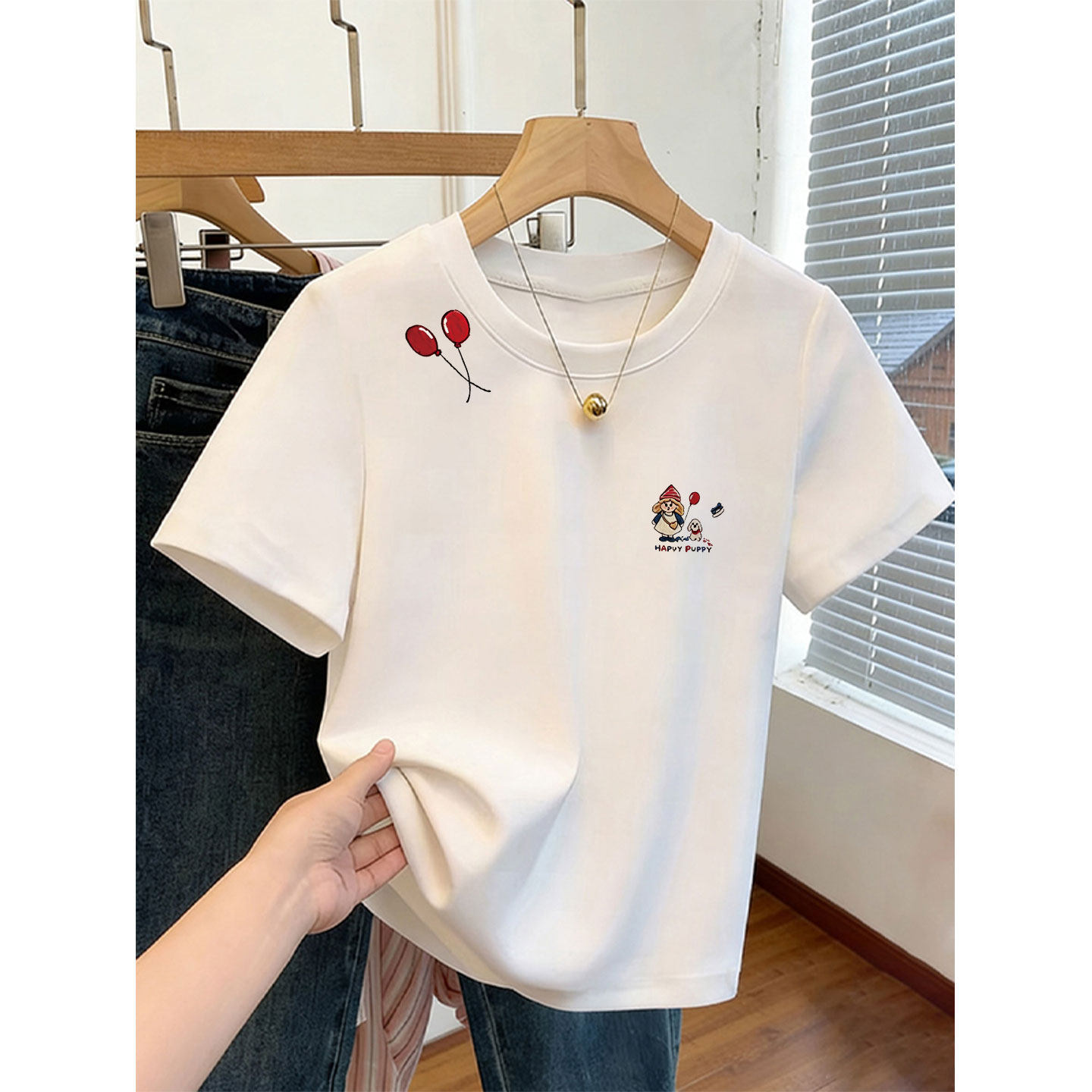 White round neck pure cotton short-sleeved t-shirt for women