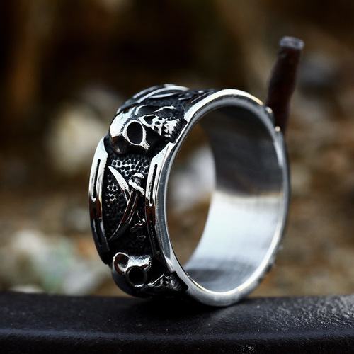 Beier Cross-border New Stainless Steel Punk Hip-hop Skull Ring Wholesale Titanium Steel Personal Dual Scythe Ring