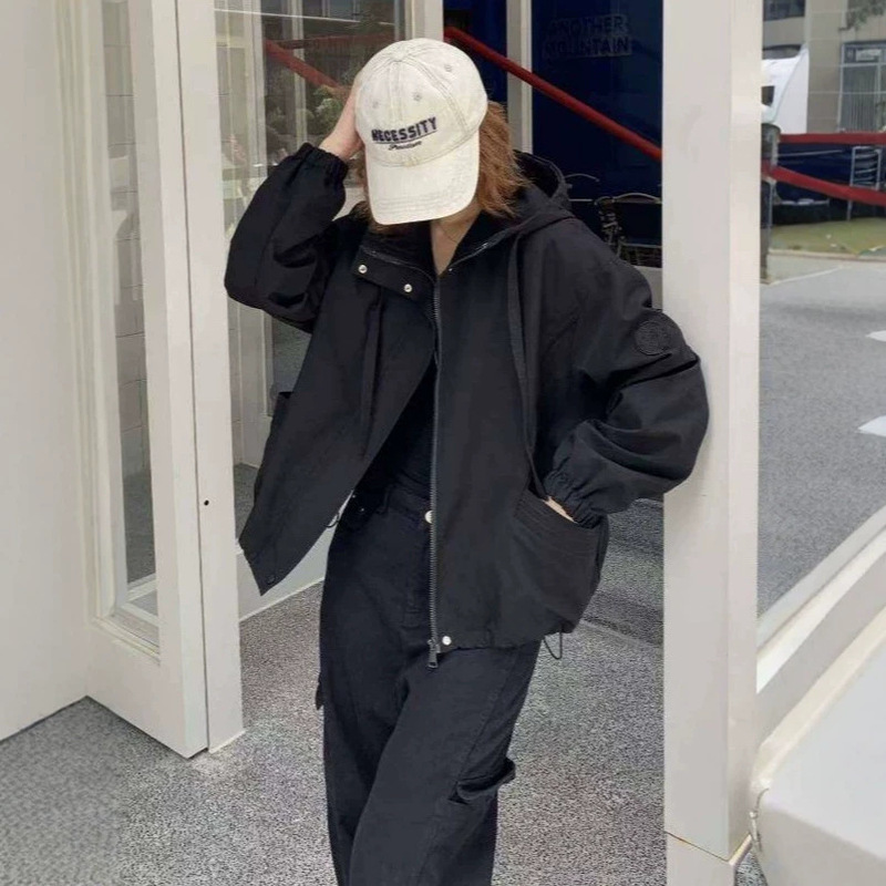 Hooded windproof short jacket for women 2026 spring and autumn loose design zip-up jacket for petite women Hooded windproof short jacket for women 2026 spring and autumn loose design zip-up jacket for petite women