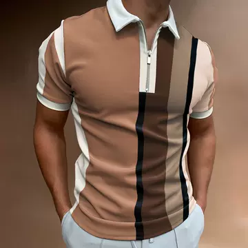 POLO Shirt Lapel Summer Casual Short Sleeve Khaki Striped T-Shirt - ShopShipShake