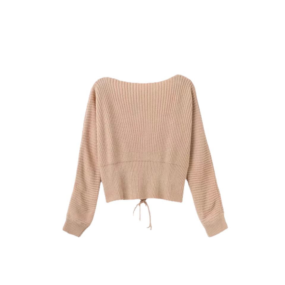 AliExpress deseo europeo y americano Comercio exterior suelta suéter de manga larga otoño e invierno nuevo suéter corto con cordones para mujeres