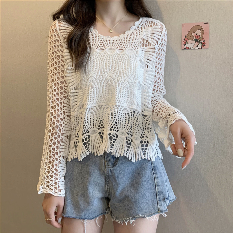 2025 Autumn French Style Chic Thin Blouse Niche Hollow Lace Short Sun Protection Top for Women Summer