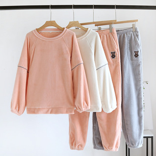 Pajamas Women's Winter Thickened fleece-lined Pullover Coral Fleece Autumn and Winter Cute Flannel Warm Women's Home Clothes suit
