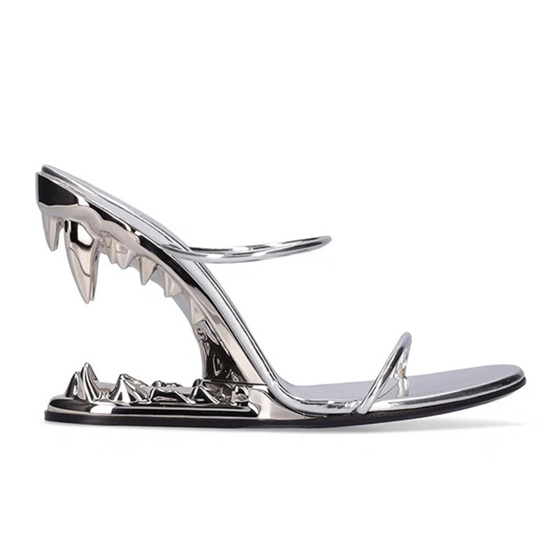 European and American New Metal High-heeled Hollow Fangs Giant Teeth Tiger Teeth Shaped Heel Open Toe Sandals Foreign Trade plus size Sandals