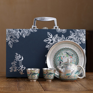 Silver Lotus Funny Fish Seaweed Pattern Kung Fu Tea Set suit Silver Pot Silver Cup Ceramic Tea Cup Porcelain Package Silver High-end Tea Set Gift Box
