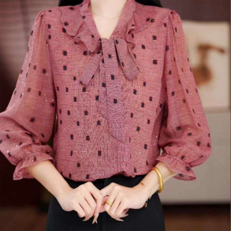 Summer New Chiffon Lace Collar Flutter Collar Three-Quarter Sleeve Blouse with Print, High-End Fashionable Shirt for Women That Looks Younger Summer New Chiffon Lace Collar Flutter Collar Three-Quarter Sleeve Blouse with Print, High-End Fashionable Shirt for Women That Looks Younger