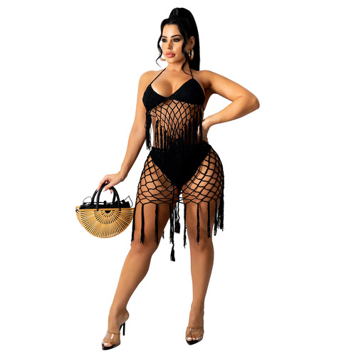 European and American women's swimwear sexy handhook seaside cover-up knitted casual swimwear set