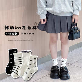 2024秋款女童卷边蝴蝶结经典黑白色系儿童袜子 四双装