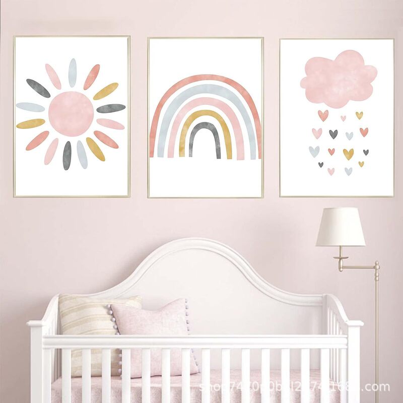 Amazon Cross-Border Pink Sunshine Rainbow Cloud Canvas Wall Art Children's Wall Kindergarten Wall Printing