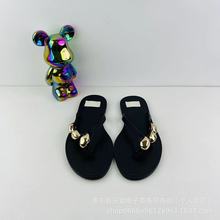 沃鑫ZA夏季新品TRF 女鞋黑色装饰品镶饰皮革平底凉鞋沙滩人字拖鞋