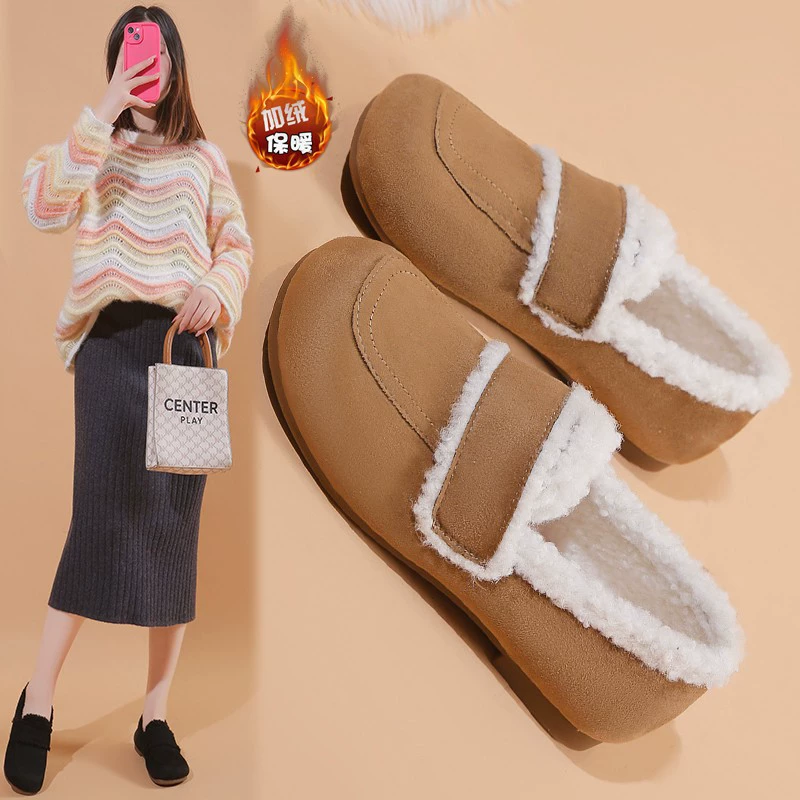 Матовые плюшевые туфли, лоферы 2023 осень и зима Новые хлопчатобумажные туфли без шнуровки, лоферы, модная теплая женская обувь на флисовой подкладке