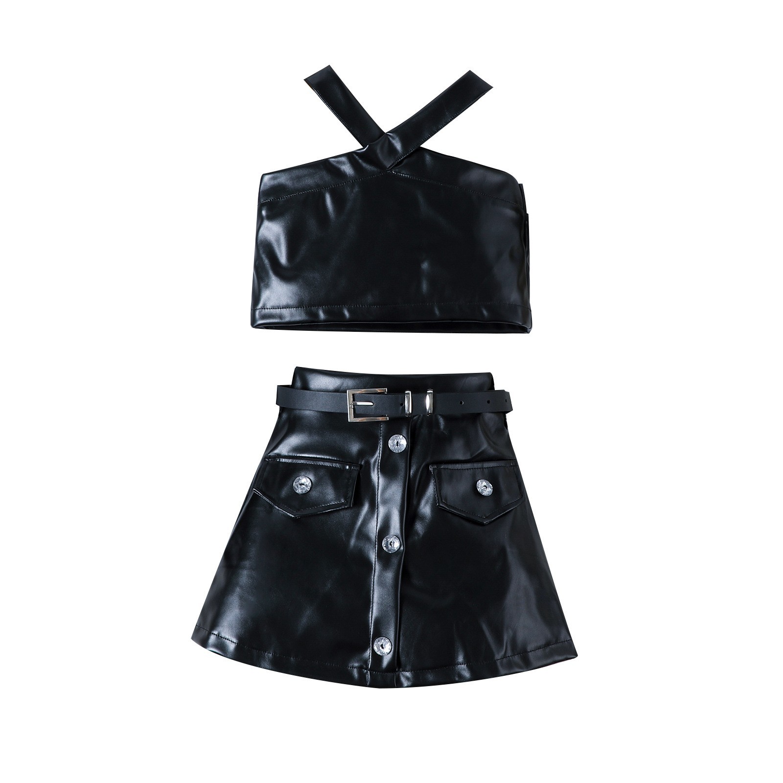 (2개) 국경 간 대외 무역 여름 새로운 유럽과 미국 소녀 솔리드 컬러 카미 솔 조끼 다이아몬드 박힌 PU 가죽 스커트 벨트 세트