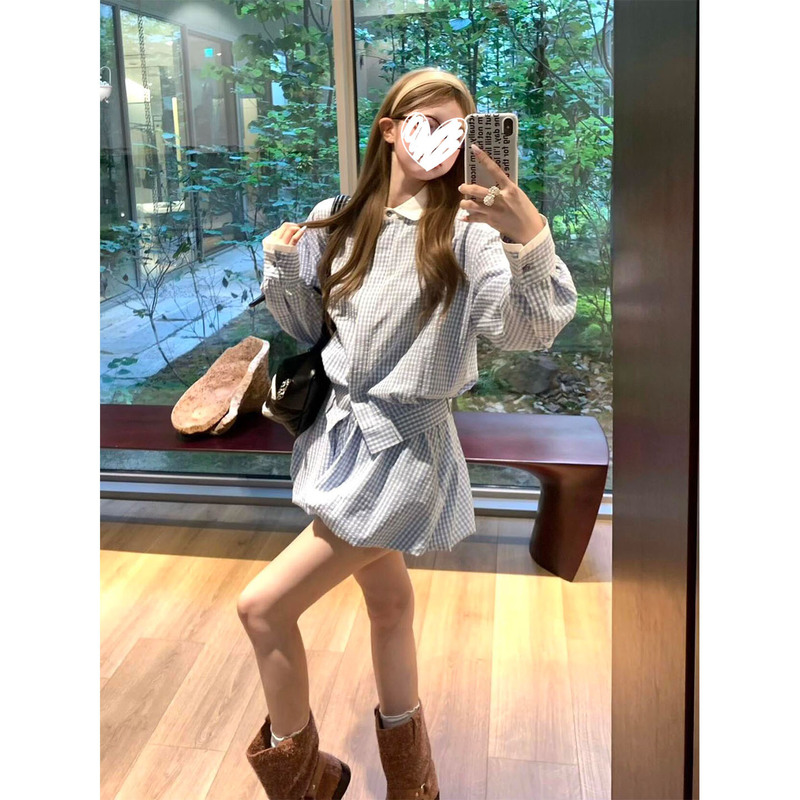 气质清冷感撞色蓝格子翻领长袖衬衫女早秋新款花苞裙短裙两件套装|undefined