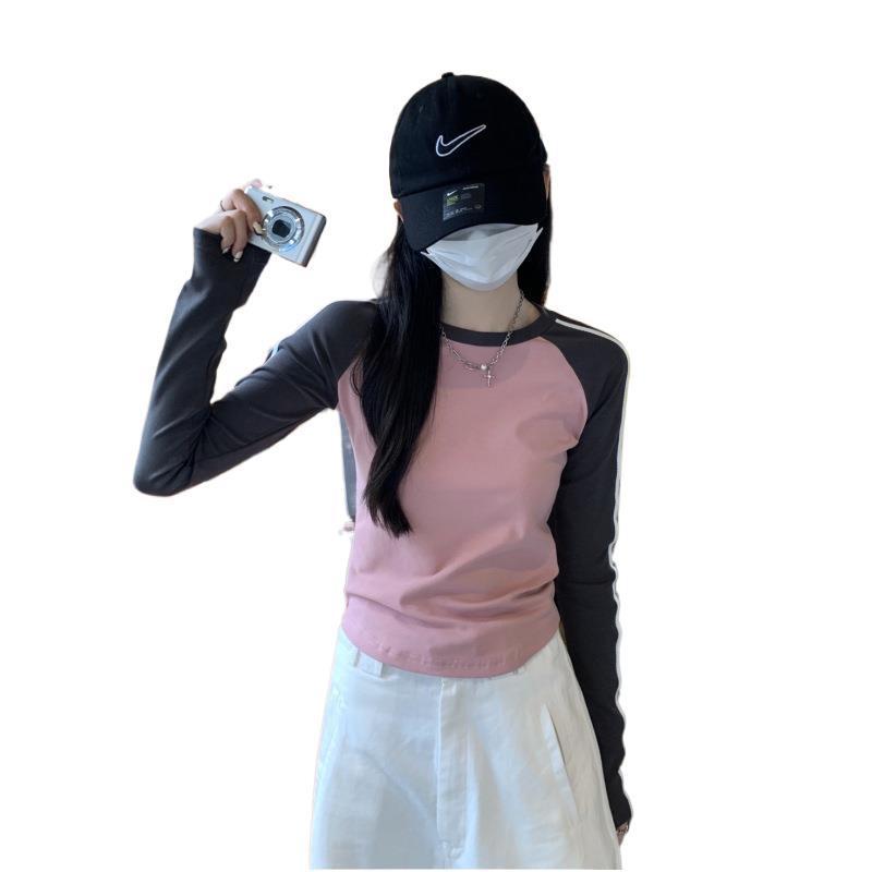 美式复古创意独特修身显瘦插肩圆领拼色短款长袖女秋季减龄洋气潮|undefined