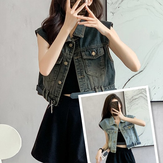 Designer-Style Denim Vest for Women, Summer Youthful Loose Retro Short Jacket with Flutter Sleeves