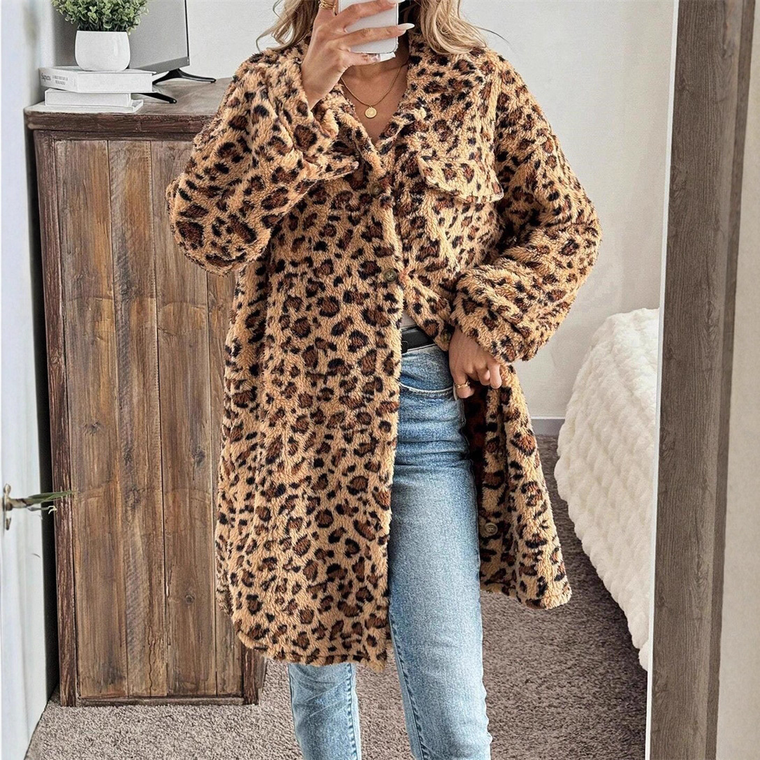Women’s Oversized Leopard Print Trench Coat – Long Sleeve Button-Up Polyester Windbreaker, Streetwear Fashion For Fall & Winter_voghion.com