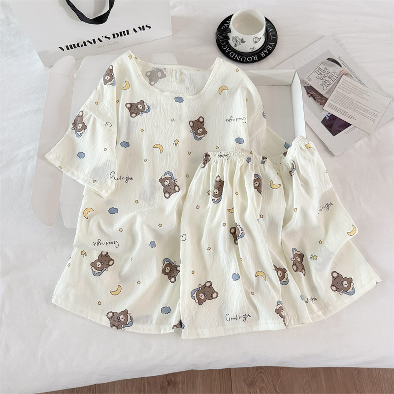 Transfronterizo al por mayor pijamas de algodón nubes de dibujos animados ropa de casa de mujer chaqueta manga corta pantalones cortos set set de cuello redondo set de dos piezas