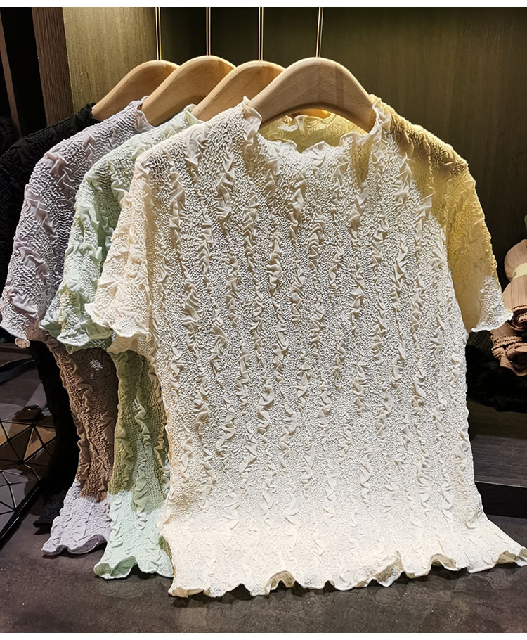 Áo thun nữ tay ngắn cổ tròn phối ren hoa nổi cao cấp — màu đen, Xanh lá cây nhạtcolor, màu tím nhạt, màu mơ chi tiết 4