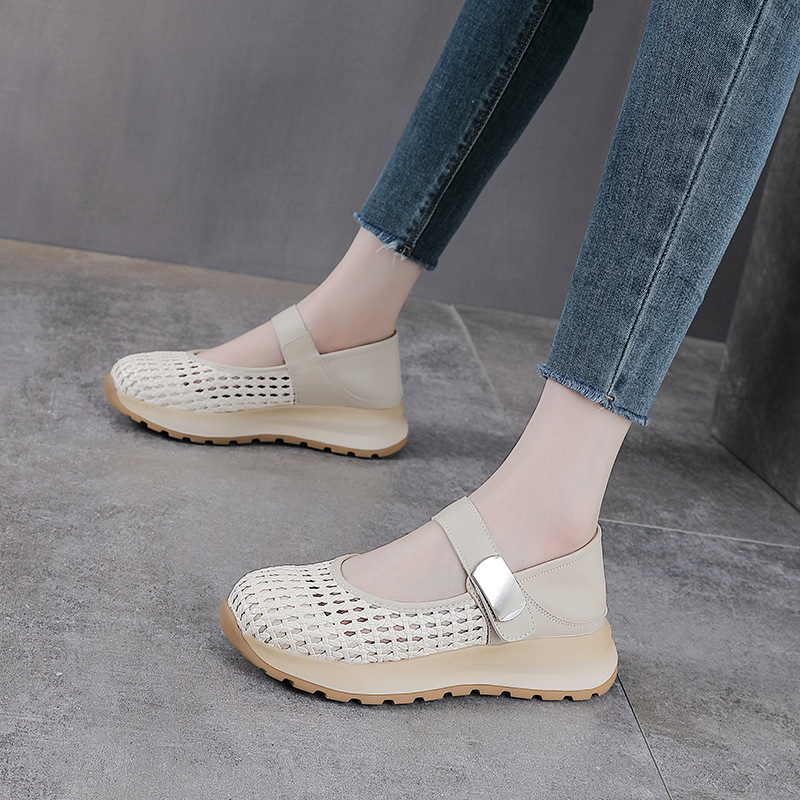 Sandal Mary Jane nữ da bò thật đế dày tăng chiều cao — màu be