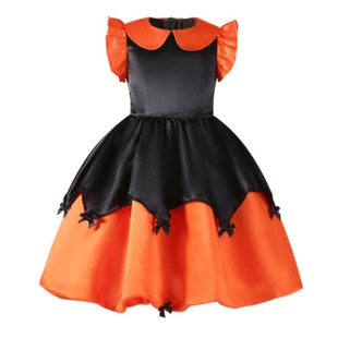 亞馬遜新款黑橙色小飛袖蝴蝶結蓬蓬連衣裙公主裙萬聖節派對晚禮服