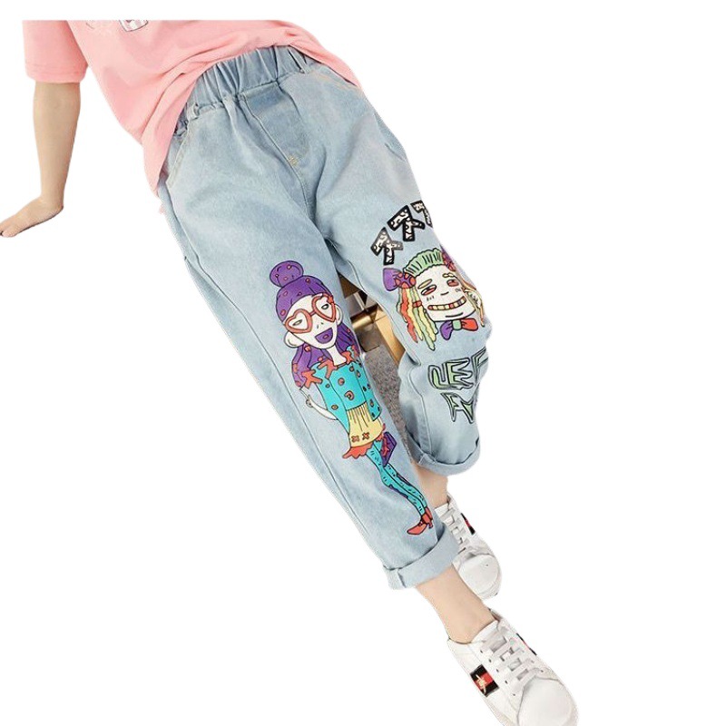 (2개) 소녀 청바지 봄 2024 새로운 어린이 느슨한 긴 바지 중 큰 어린이 캐주얼 봄과 가을 작은 아름다움 서양식