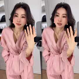 网红2025年春季新款时尚麻料连体衣裤女高级感V领收腰显瘦阔腿裤