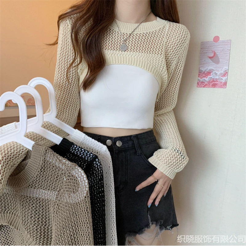 Короткий полый трикотажный свитер женская наружная летняя новая модель дизайна с длинными рукавами солнцезащитный свитер блузка из ледяного шелка