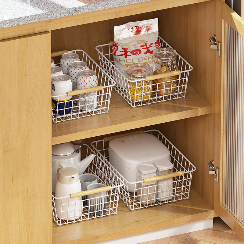 批发家居用品带木提手储物框 隔板厨房分类篮 卧式推拉衣柜收纳篮