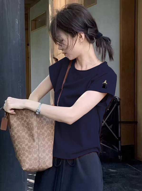 韓国風小柄グリーン右肩半袖Tシャツレディース夏服新デザインニッチ猫プリントトップ|undefined