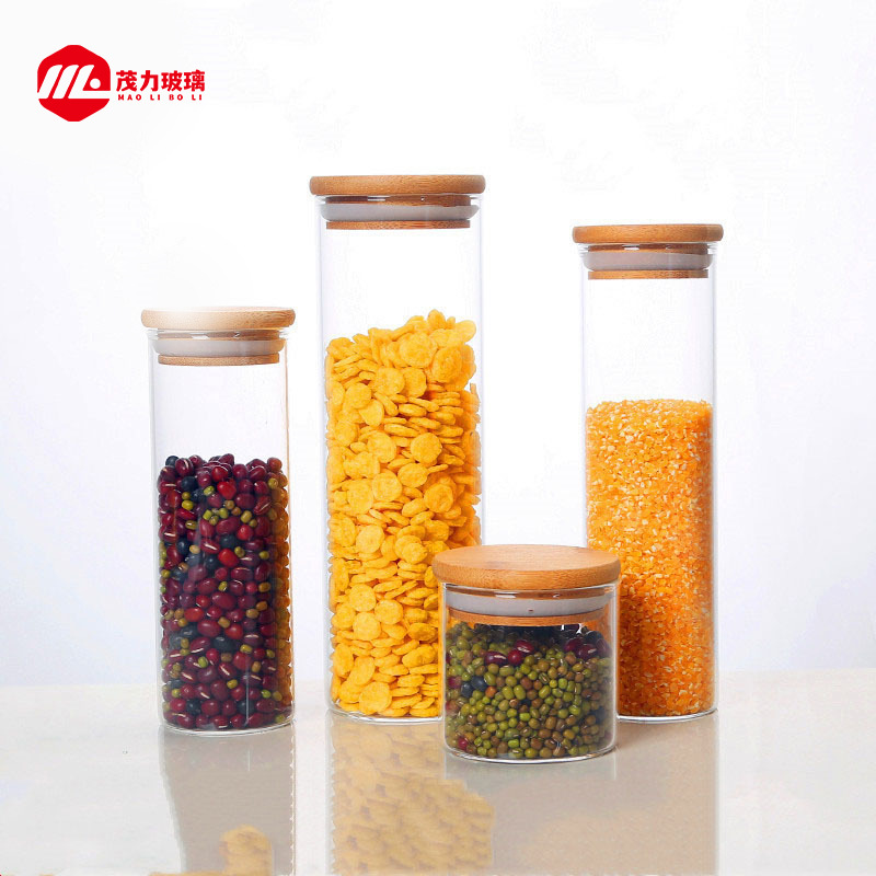 直径65高硼硅透明玻璃密封储物罐 木塞竹盖茶叶罐多规格糖果罐