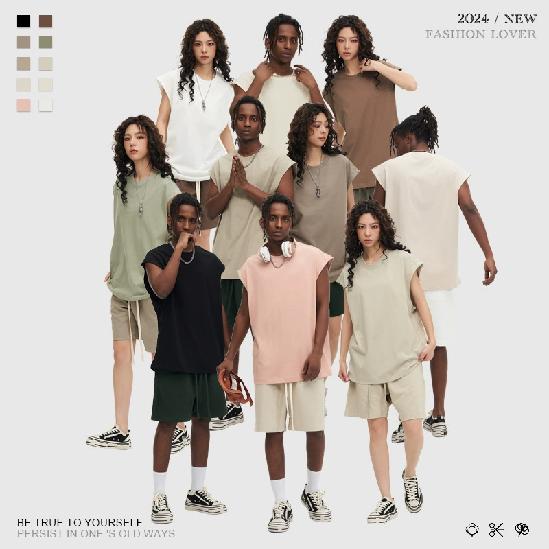 270 г Плотная хлопковая футболка без рукавов в японском стиле, летняя Базовая футболка с широким плечом и маленьким вырезом, однотонный свободный белый жилет