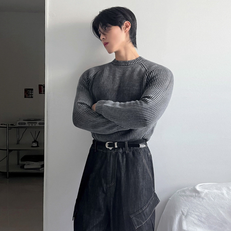 Myq Textured Round Neck Sweater Men's Autum Loose Knitted Bottoming Shirt Korean Work Clothing Style Versatile Top