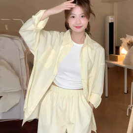 长袖薄款衬衫防晒衣休闲运动服套装女夏季透气时尚阔腿短裤3件套