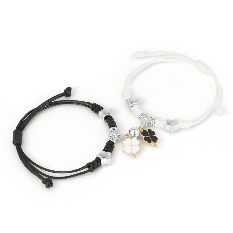 Friendship Braided Bracelet with Alloy Star Magnetic Beads and Enamel Four-Leaf Clover Design, Four-Leaf Clover Magnetic Bead Bracelet