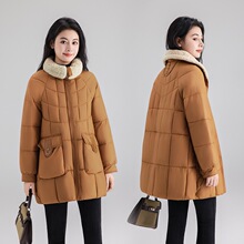 翻领羊羔毛羽绒棉服女中长款加厚外套2025新款冬季棉袄设计感棉衣