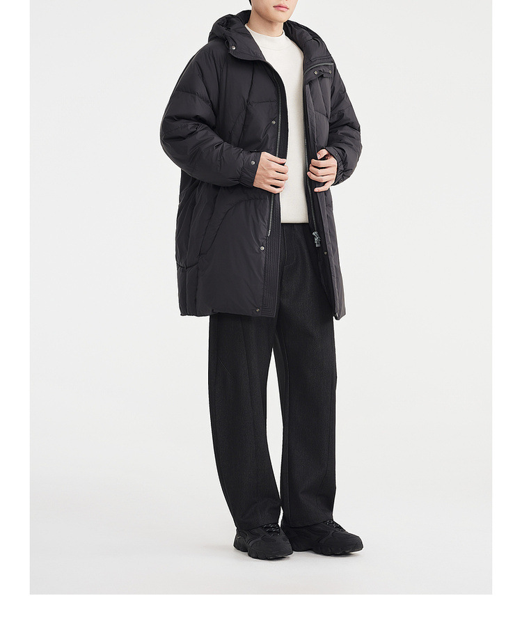 Áo khoác parka nam dáng dài có mũ trùm, tay raglan, chất liệu lông vũ chống gió — màu đen chi tiết 22