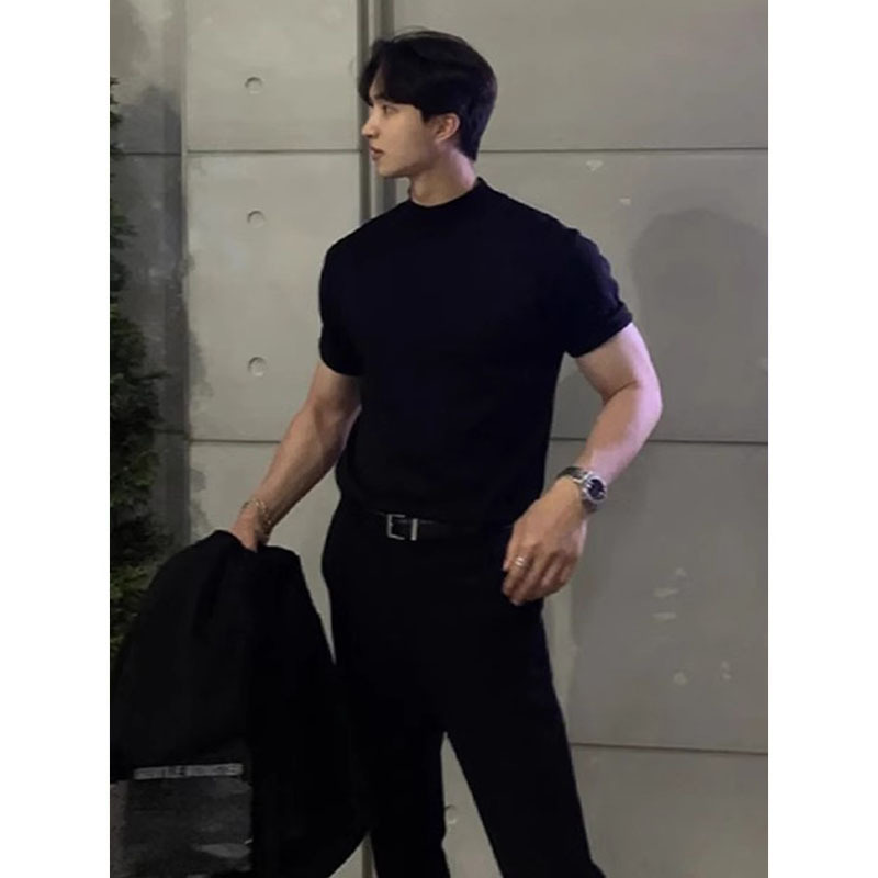 Men's Summer T-Shirt with Small Neckline, Slim Fit, Short Sleeves, Muscle-Enhancing, Suitable for Wearing under a Suit, Cross-Border Wholesale, Hot-Selling