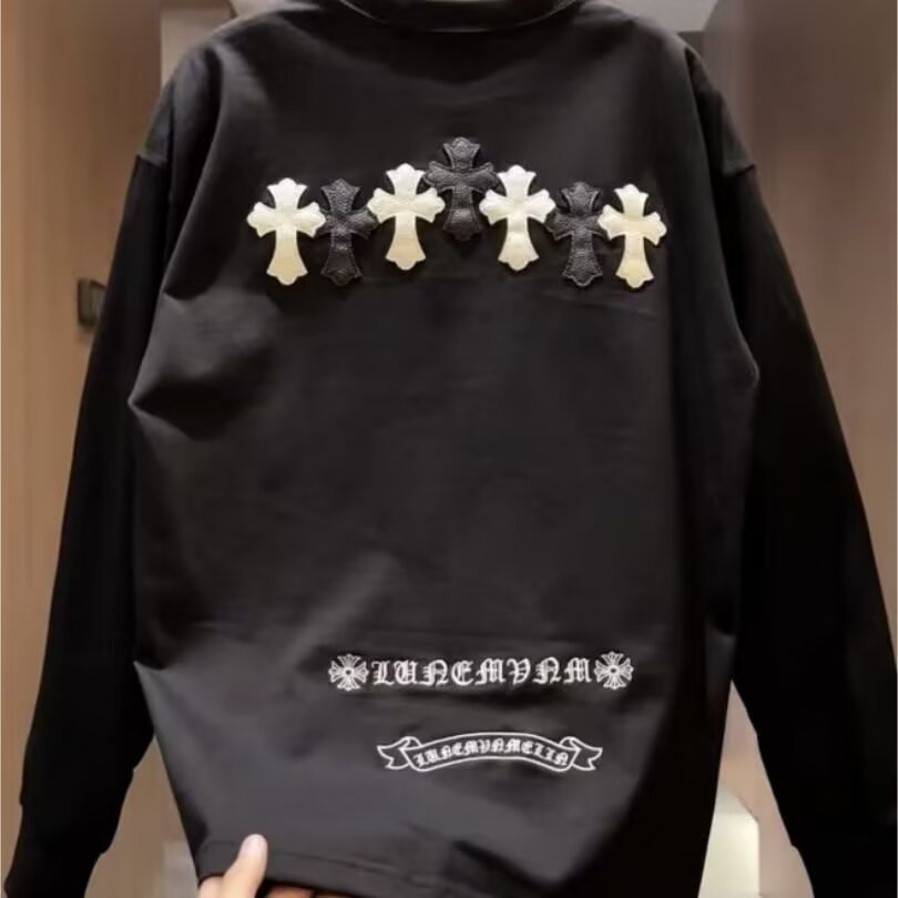 秋季新款十字皮标刺绣卫衣男时尚潮流宽松百搭圆领上衣长袖打底