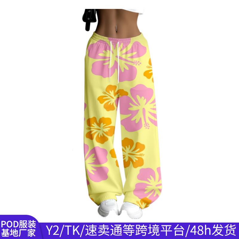 Cross-border TK hot-selling women's spring thin wide-leg pants with tropical floral print, elastic waist, straight-leg casual sports trousers Cross-border TK hot-selling women's spring thin wide-leg pants with tropical floral print, elastic waist, straight-leg casual sports trousers