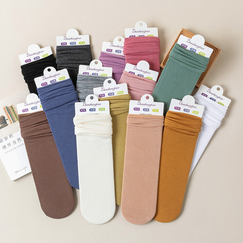 Spring and autumn women's pile socks cute solid color cotton socks breathable cotton bottom casual women's socks ins trendy solid color mid-calf socks