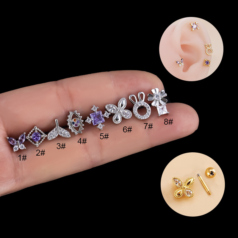 1 Piece Fashion Flower Butterfly Fish Tail Stainless Steel Copper Inlaid Zircon Ear Studs display picture 2