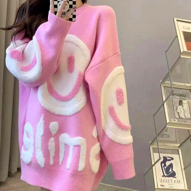 大阪ルーズセーター女性の秋冬ファッション多用途通勤プルオーバーミッドレングススマイリーフェイスラウンドネックニットトップ|undefined