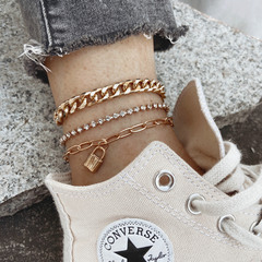 Eurasian cross-border creative chain lock-shaped ankle chain punk style temperament micro-inlaid 3-layer lock pendant multi-layer ankle chain